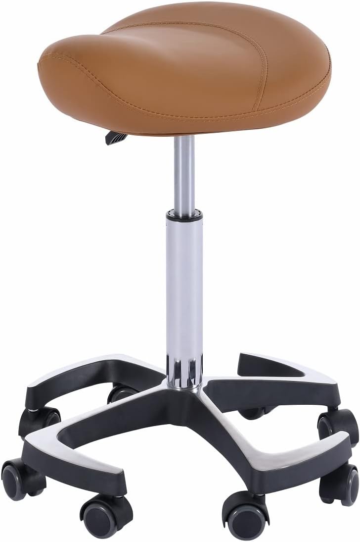 Hydraulic Saddle Stool with Wheels Height Adjustable Rolling Swivel Chair in Camel H693501