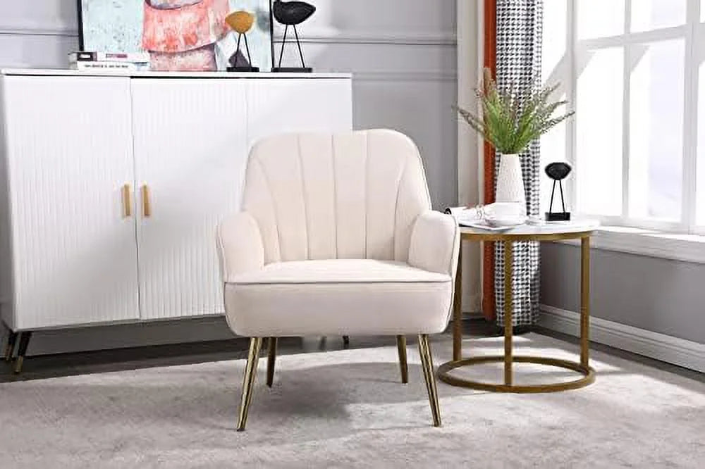 Beige Velvet Tufted Accent Chair with Golden Legs L65906
