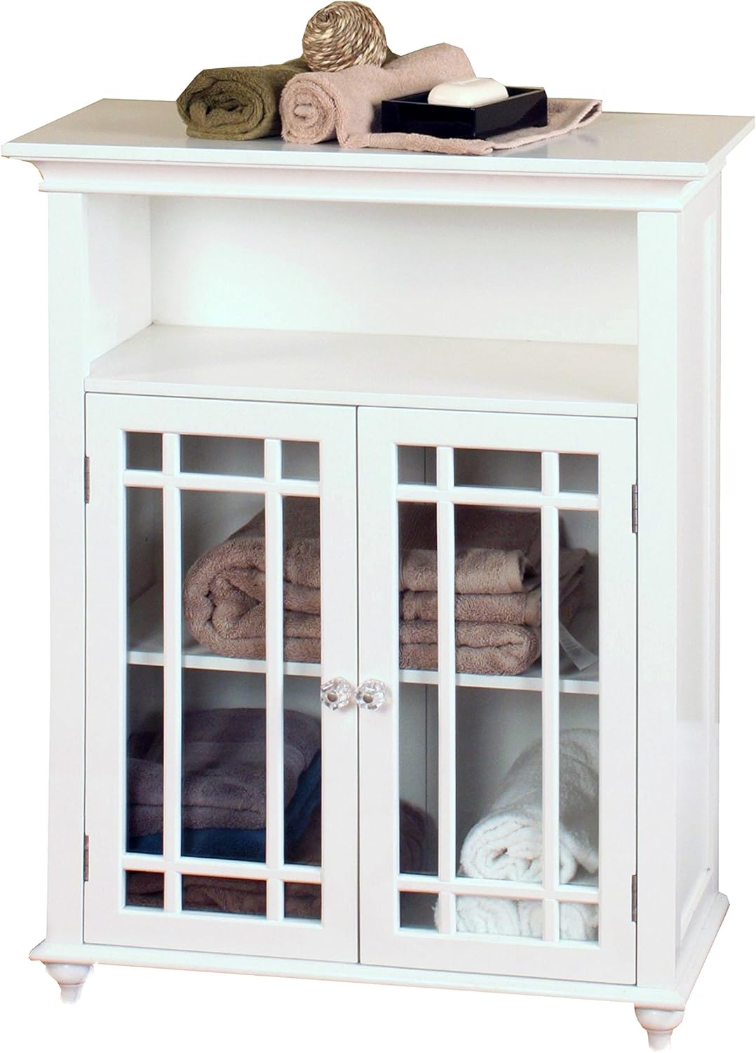 White Freestanding Floor Cabinet with 2 Glass Doors and 1 Open Shelf Q383