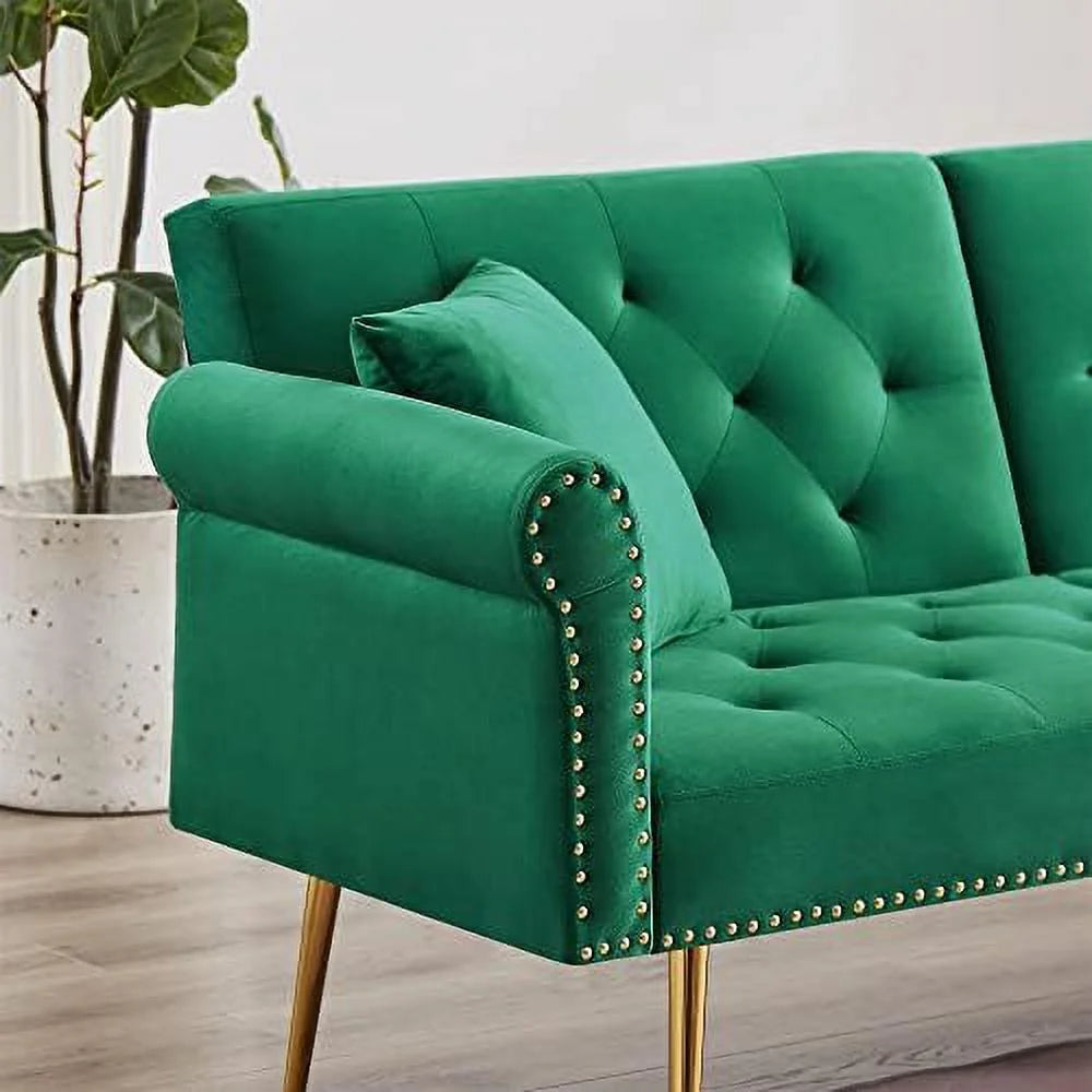 Modern Velvet 2 in 1 Futon Sofa Bed with 2 Pillows 73" Golden Chrome Legs W9239