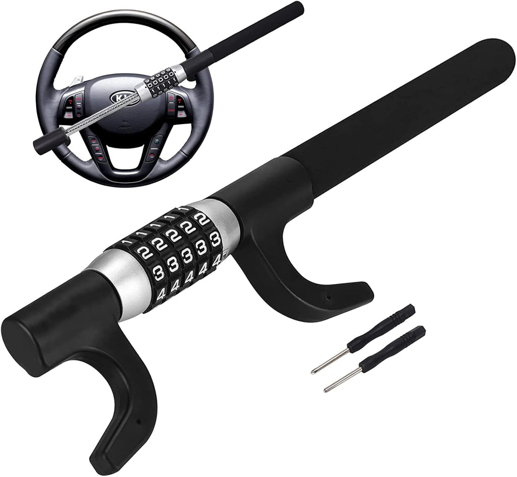Steering Wheel Lock, 5 Digit Coded Combination Anti Theft Device, Heavy Duty Universal Extendable Retractable Keyless Password Twin Hooks Car Security Lock W422