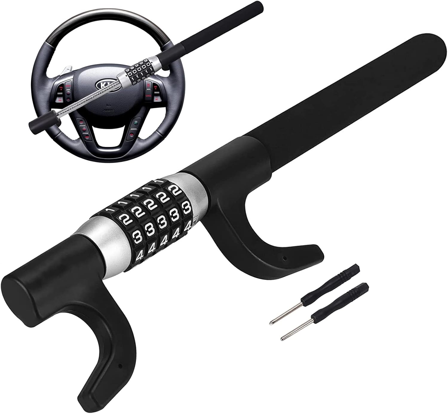 Steering Wheel Lock, 5 Digit Coded Combination Anti Theft Device, Heavy Duty Universal Extendable Retractable Keyless Password Twin Hooks Car Security Lock W422