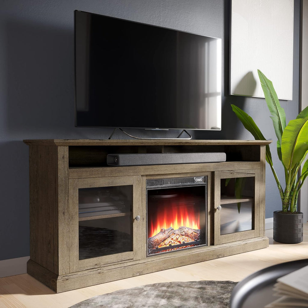 Light Gray Electric Fireplace TV Stand with Open Storage Shelves & Cabinets C589