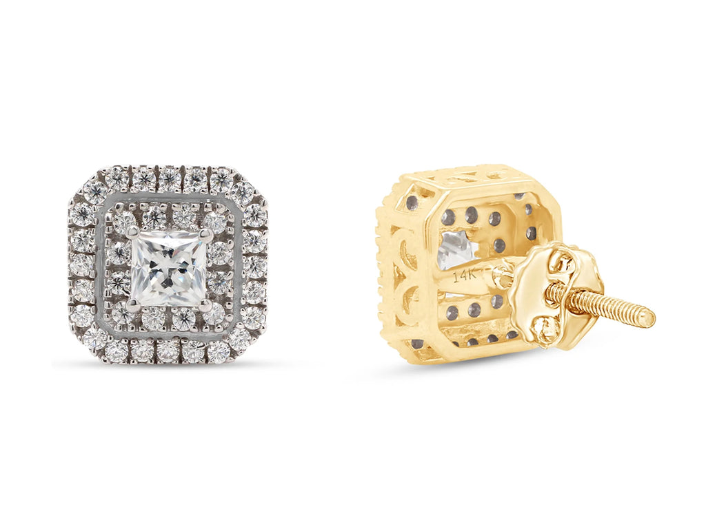1 Carat Princess Cut Lab Created Moissanite Double Halo Stud Earrings In 14K Solid Yellow Gold W9276