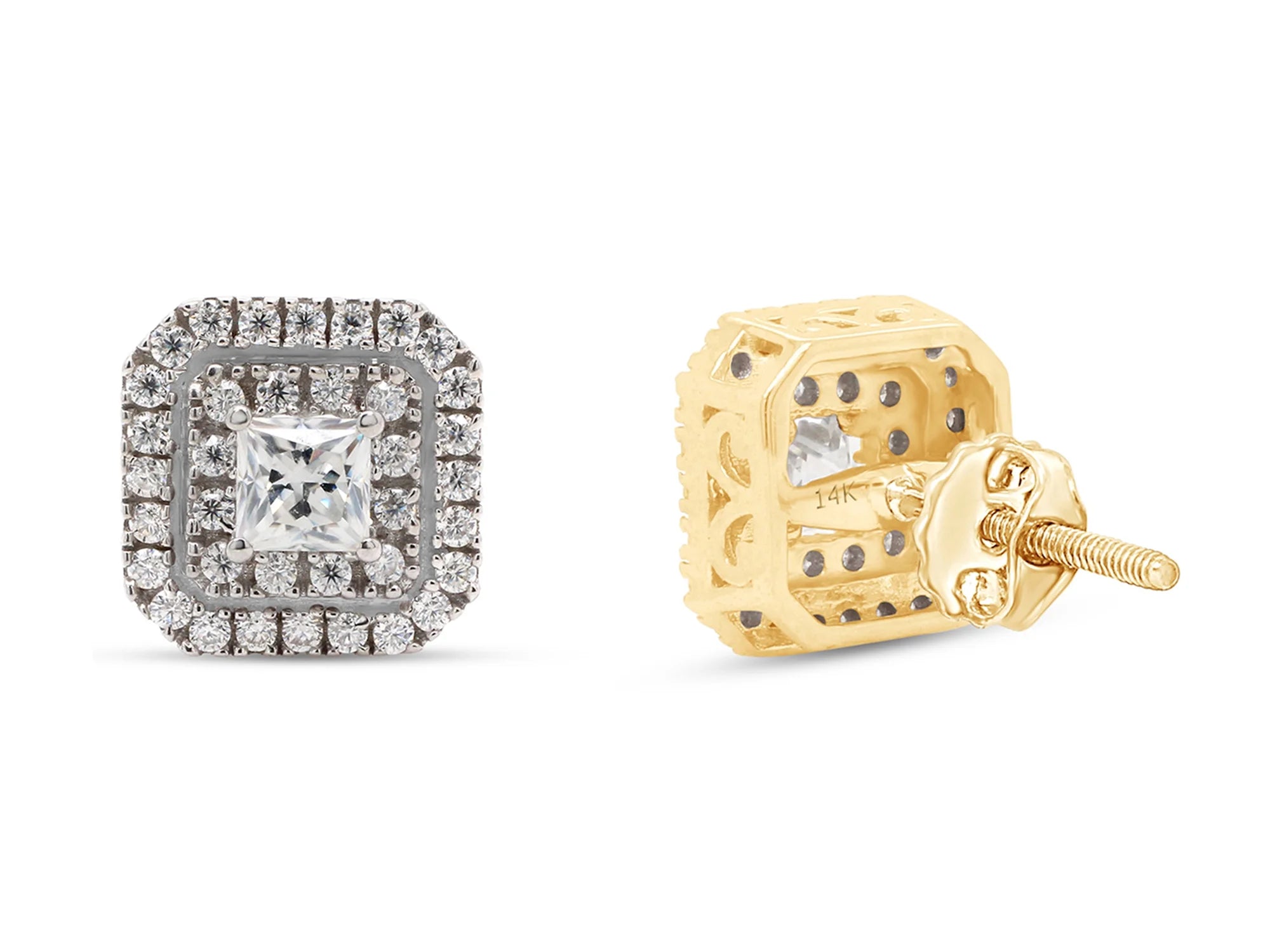 1 Carat Princess Cut Lab Created Moissanite Double Halo Stud Earrings In 14K Solid Yellow Gold W9276