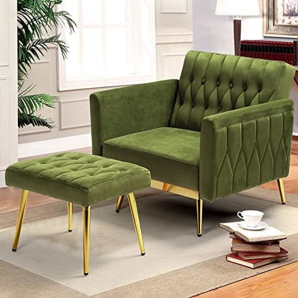 Velvet Accent Chair with Ottoman and Pillow Olive Green S954