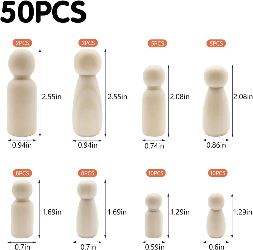 50Pcs Wooden Peg Dolls 35-65mm DIY Arts Crafts D838