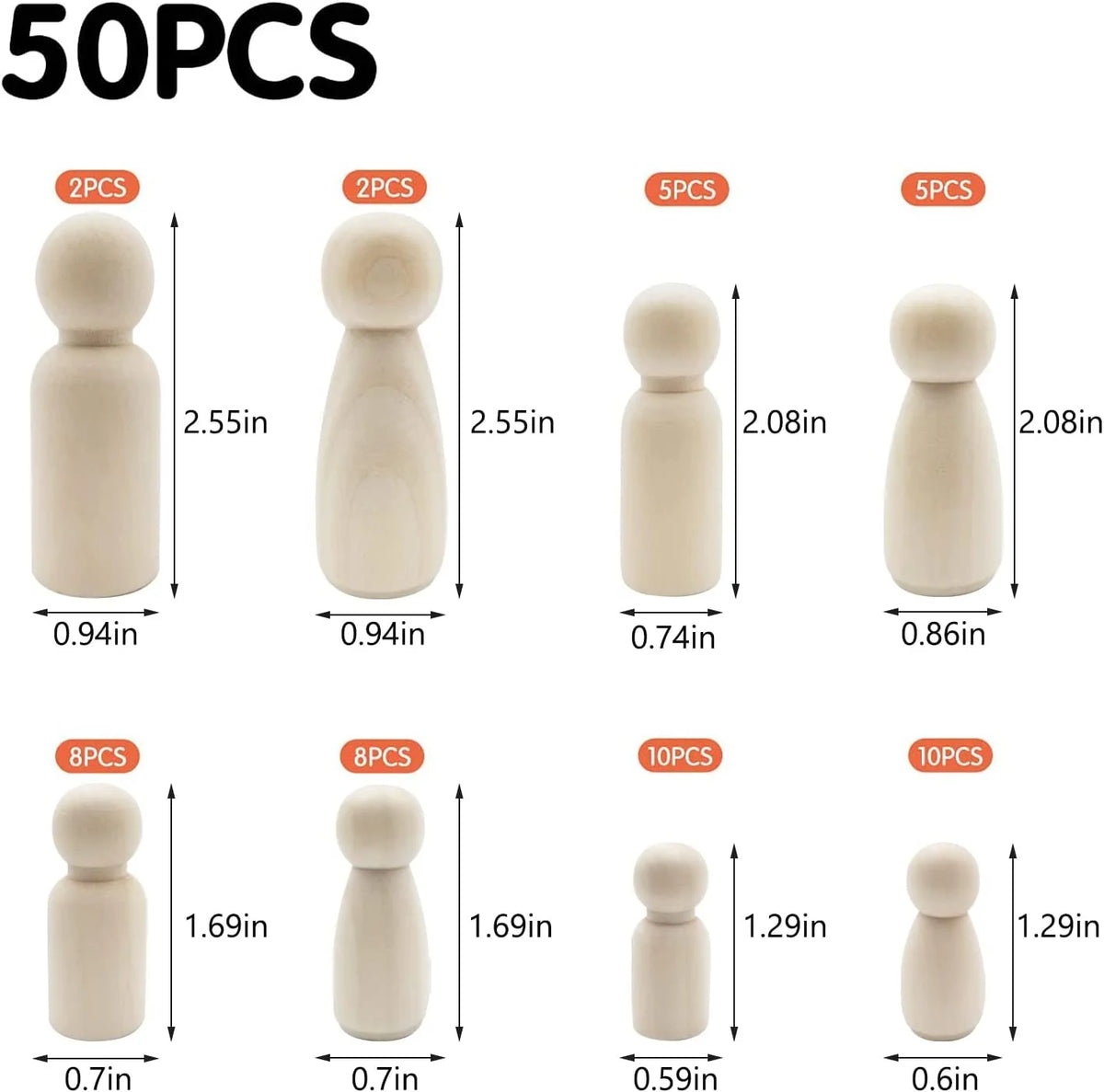 50Pcs Wooden Peg Dolls 35-65mm DIY Arts Crafts D838