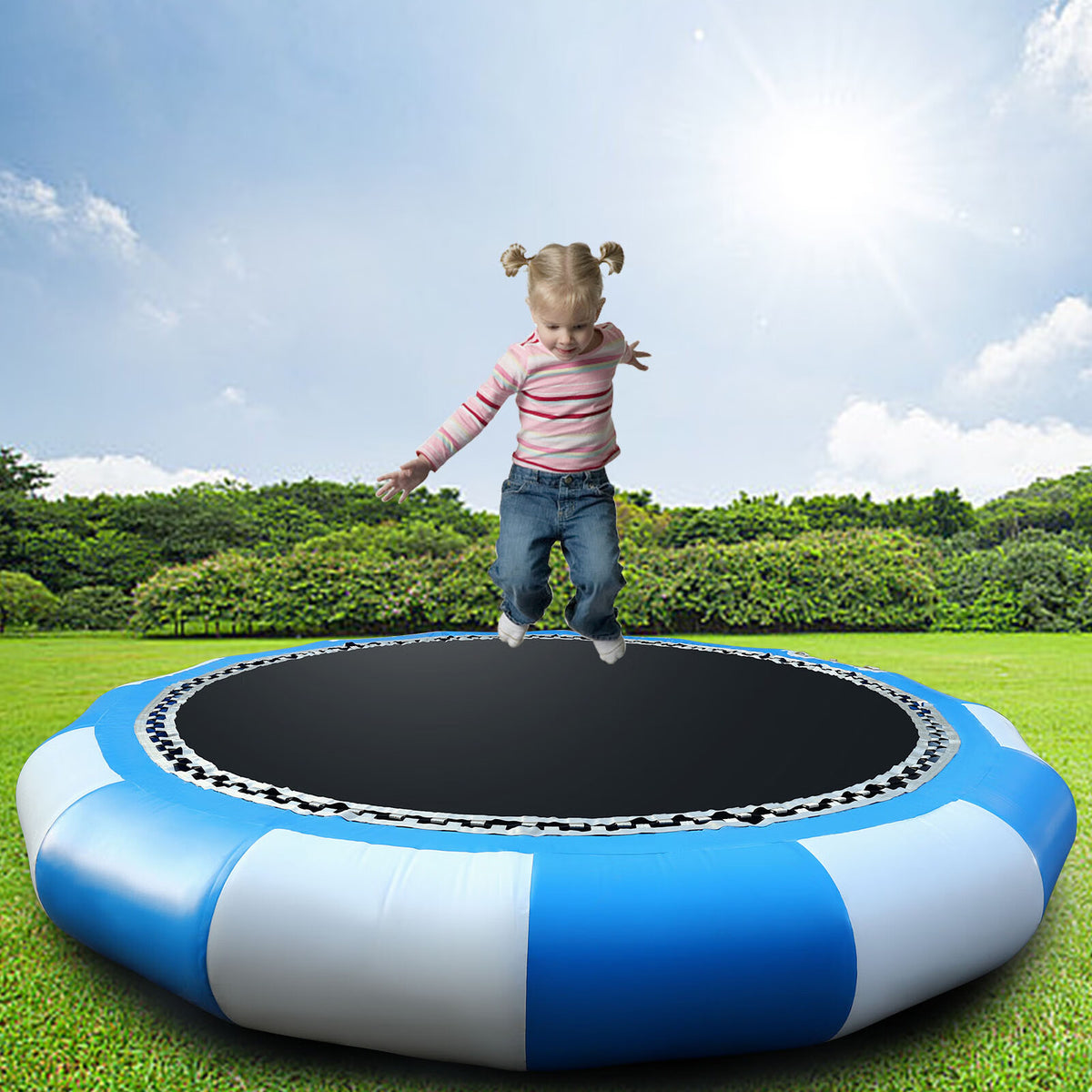 16.4Ft Inflatable Water Trampoline Blue & White 880Lb Capacity Floating Platform with Ladder N50822