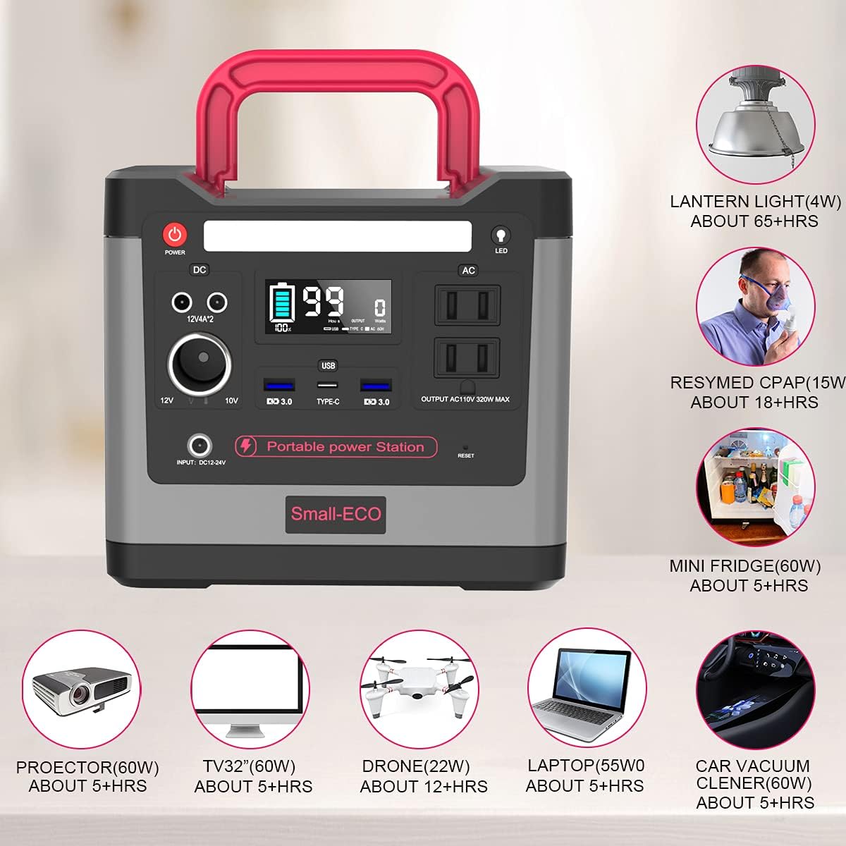 298Wh LiFePO4 Portable Power Station 110V/320W Pure Sine Wave AC Outlet D3048