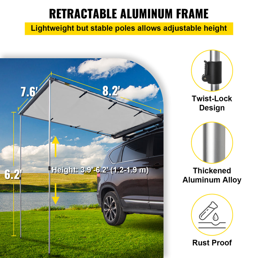 Retractable Waterproof SUV Rooftop Car Awning Grey 7.6'x8.2' P4889