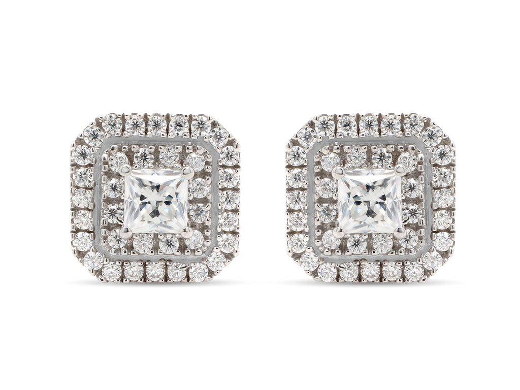 1 Carat Princess Cut Lab Created Moissanite Double Halo Stud Earrings In 14K Solid Yellow Gold W9276