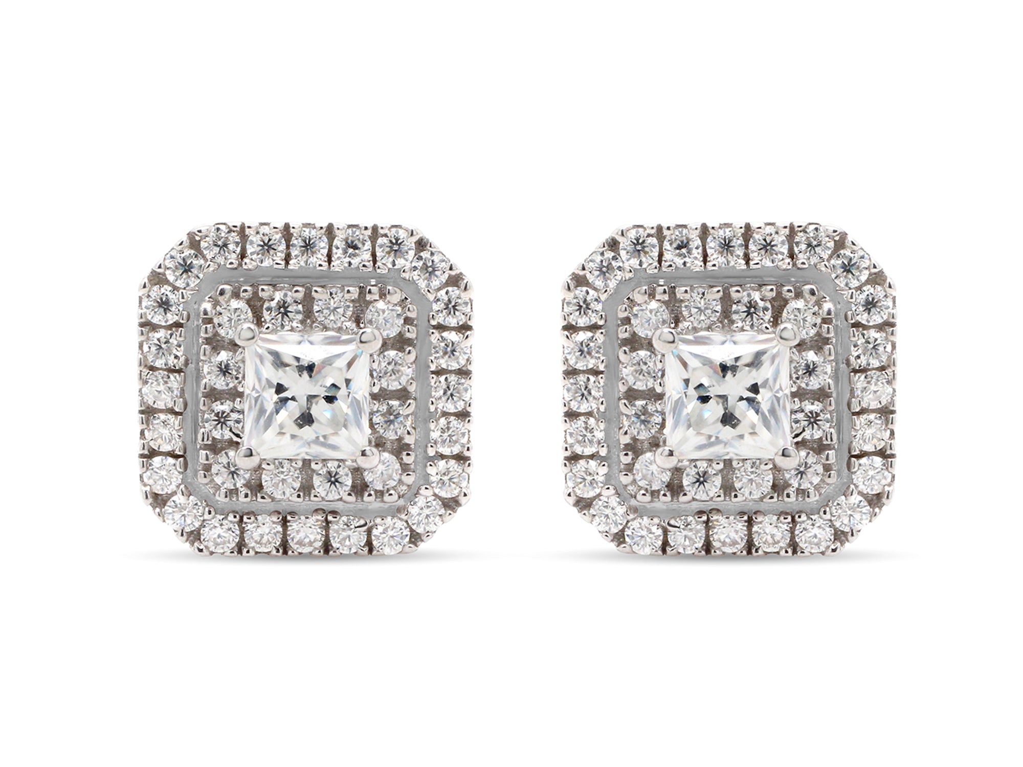 1 Carat Princess Cut Lab Created Moissanite Double Halo Stud Earrings In 14K Solid Yellow Gold W9276