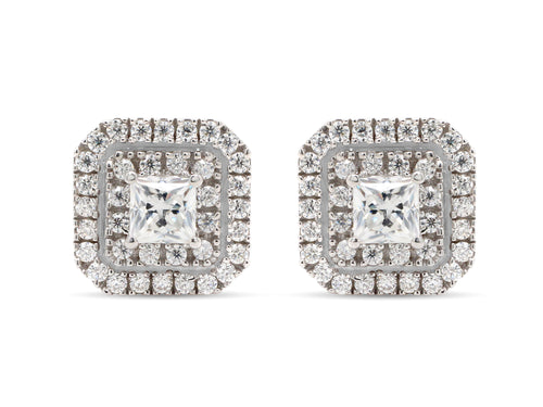 1 Carat Princess Cut Lab Created Moissanite Double Halo Stud Earrings In 14K Solid Yellow Gold W9276