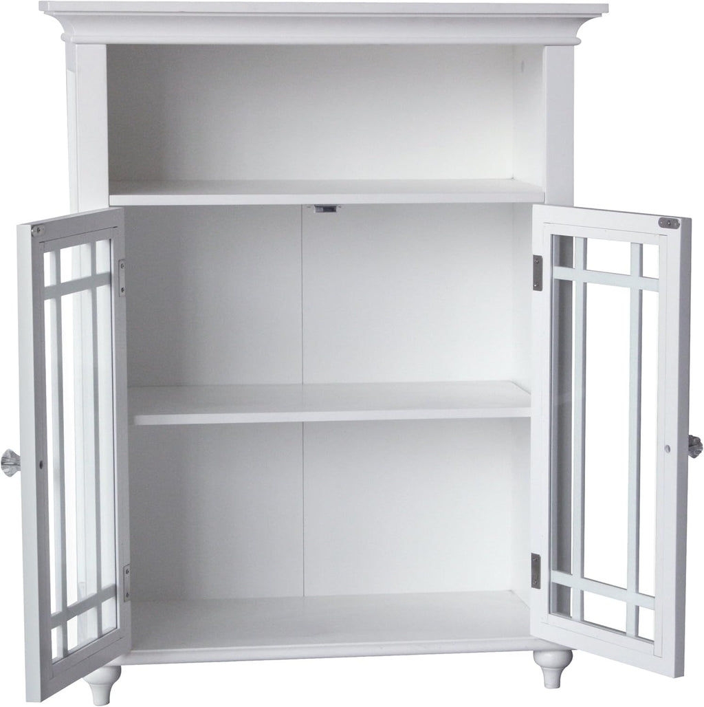White Freestanding Floor Cabinet with 2 Glass Doors and 1 Open Shelf Q383
