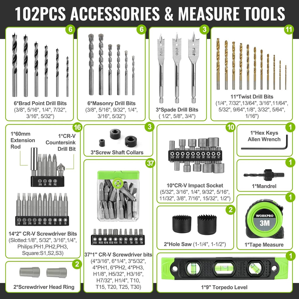 20V Max Cordless Drill Driver Set with 102 Pieces Accessories, 1/2'' Chuck, 2 x 2.0Ah Li-ion Batteries P878
