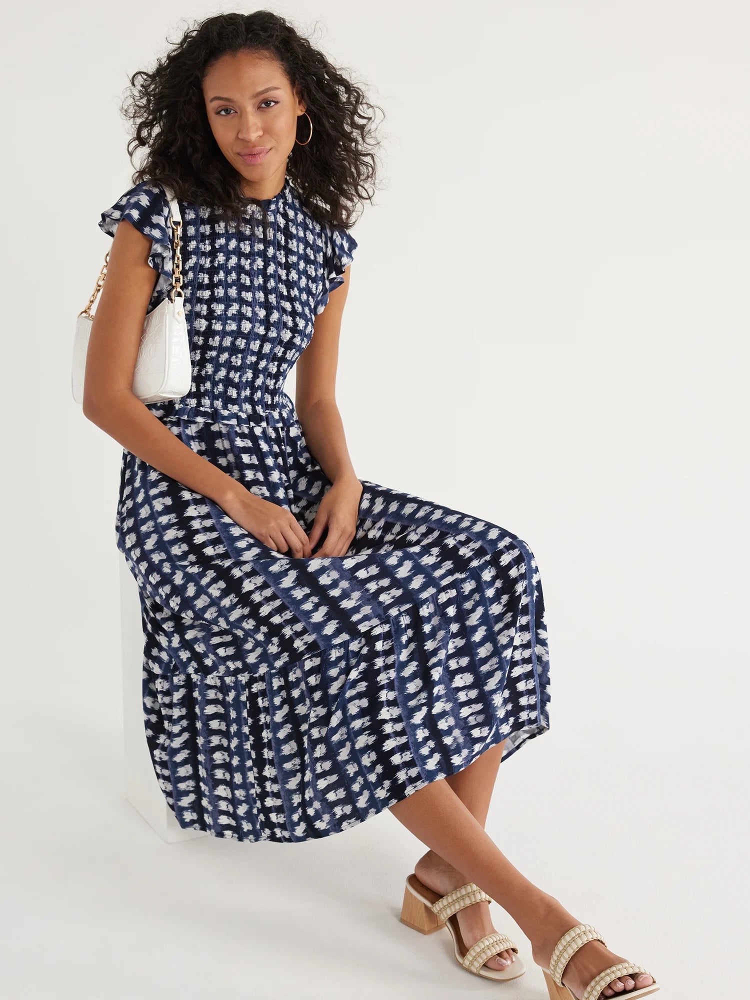 Smocked Bodice Midi Dress V2855