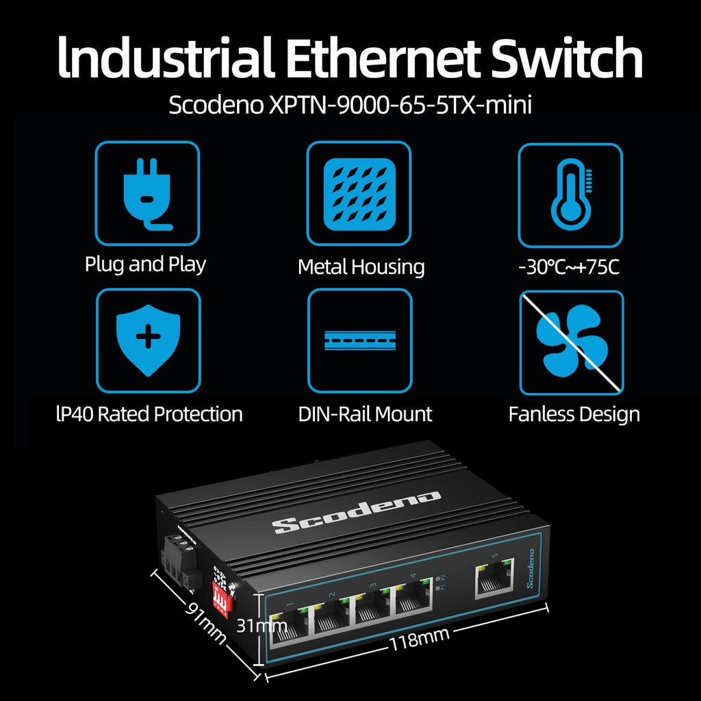5 Port Industrial Ethernet Switch, DIN-Rail Mount, IP40, Metal Housing, Pack of 2 D437088