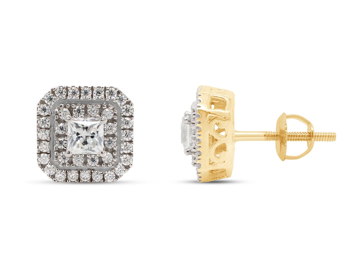 1 Carat Princess Cut Lab Created Moissanite Double Halo Stud Earrings In 14K Solid Yellow Gold W9276