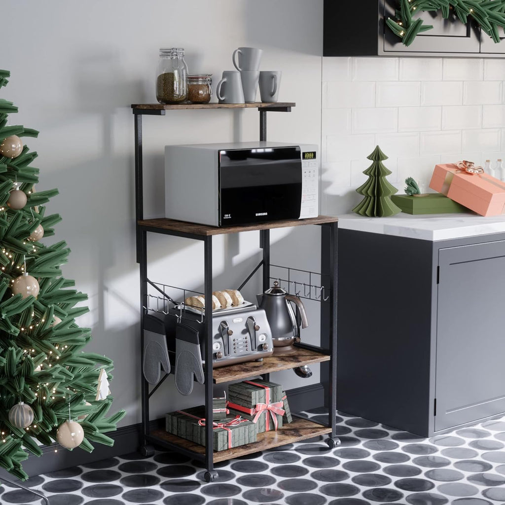Oak 4 Tier Kitchen Rack with Storage Shelf and Rolling Cart Y8123
