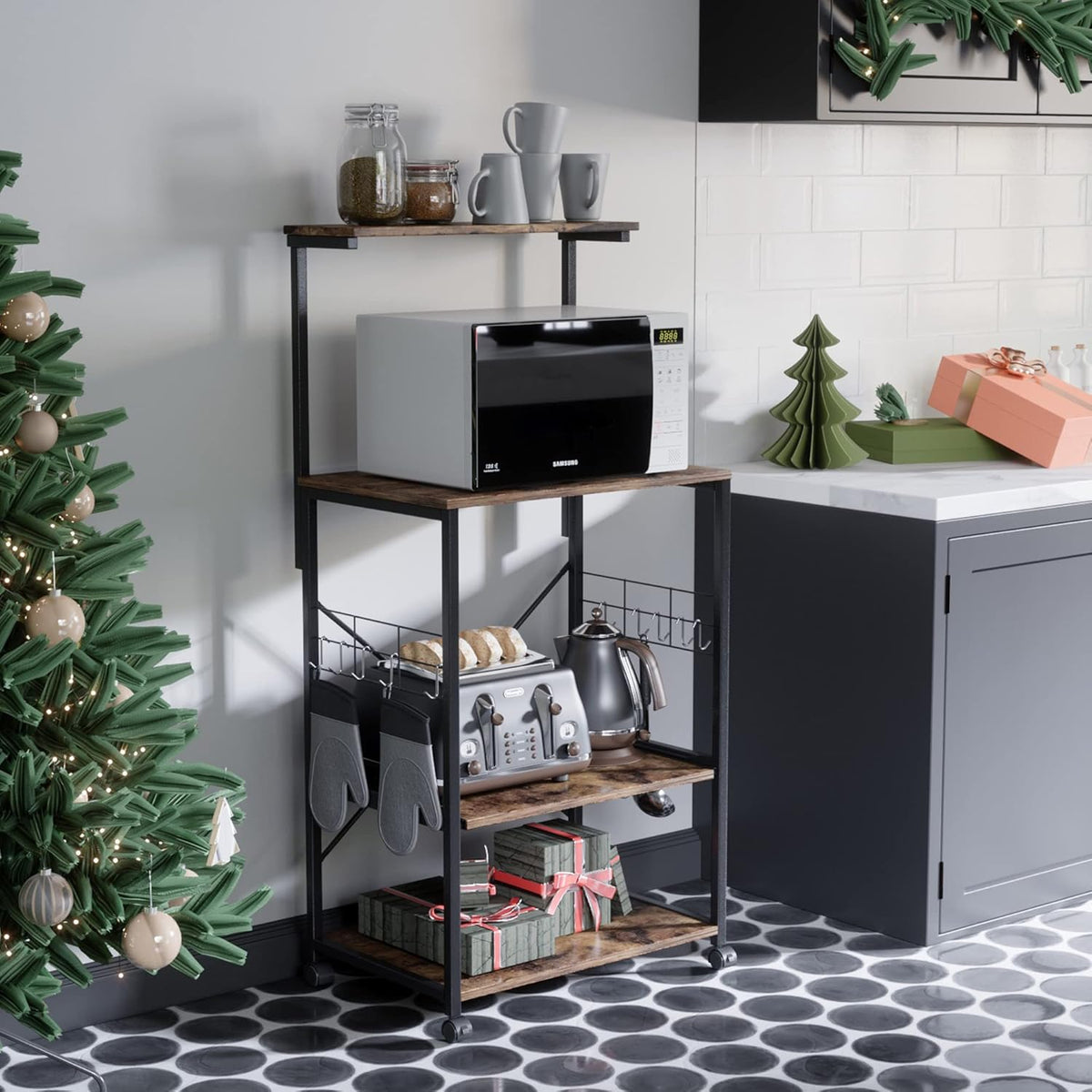 Oak 4 Tier Kitchen Rack with Storage Shelf and Rolling Cart Y8123