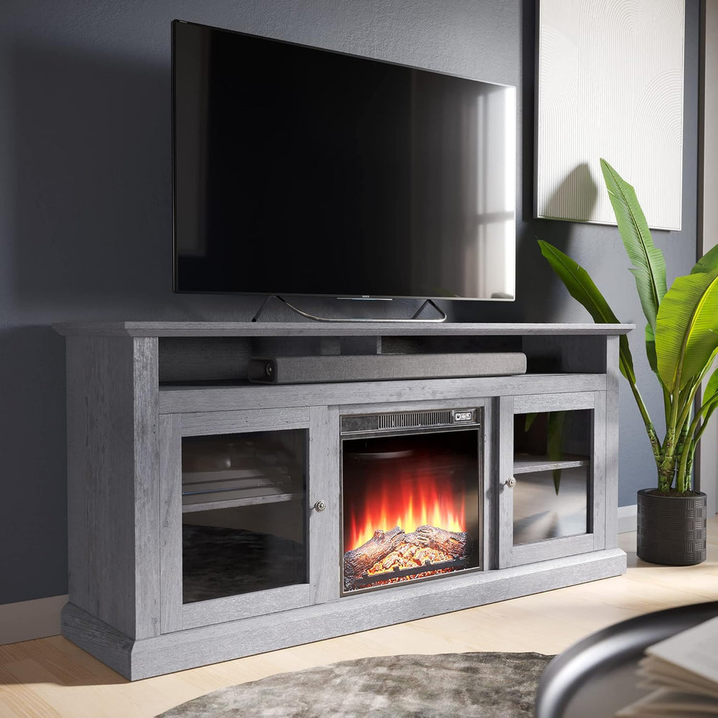 Light Gray Electric Fireplace TV Stand with Open Storage Shelves & Cabinets C589