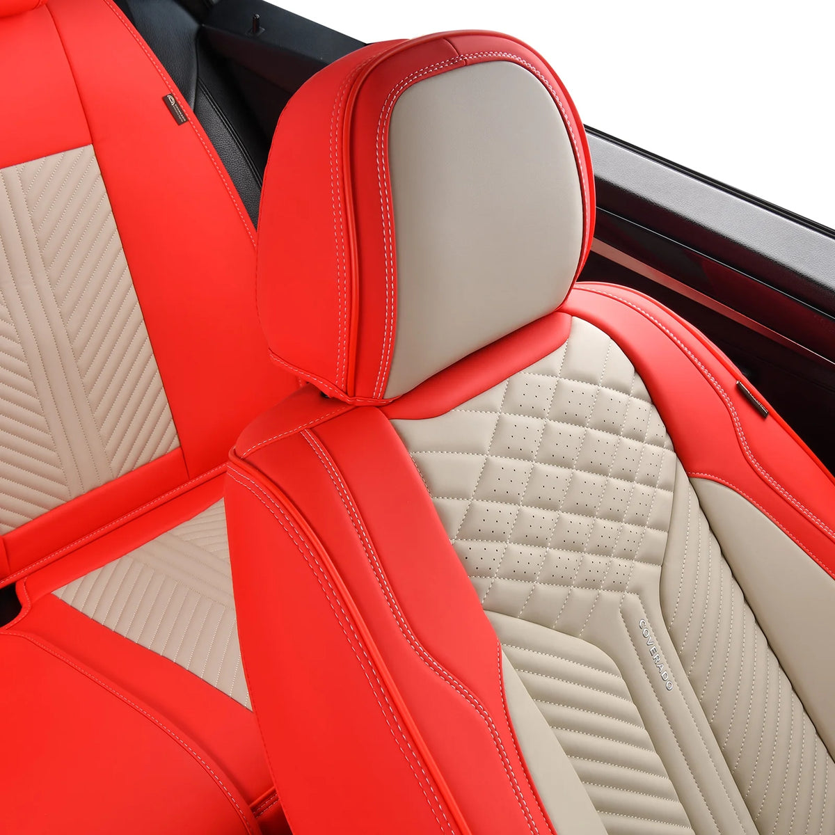 Beige & Red Waterproof Leather Car Seat Covers, 2 Pieces B149195
