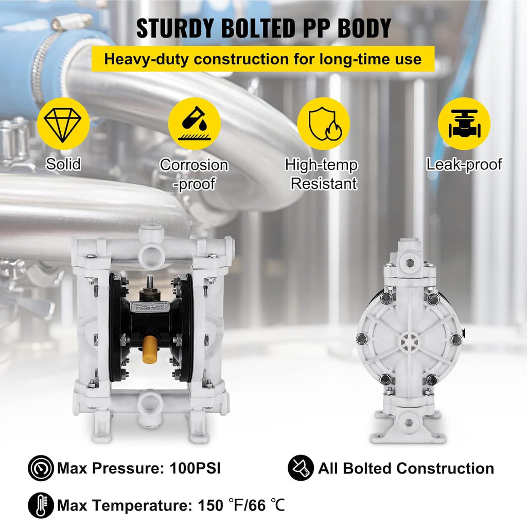 Air-Operated Double Diaphragm Pump 1/2 inch Polypropylene 13 GPM Max 100PSI P5953