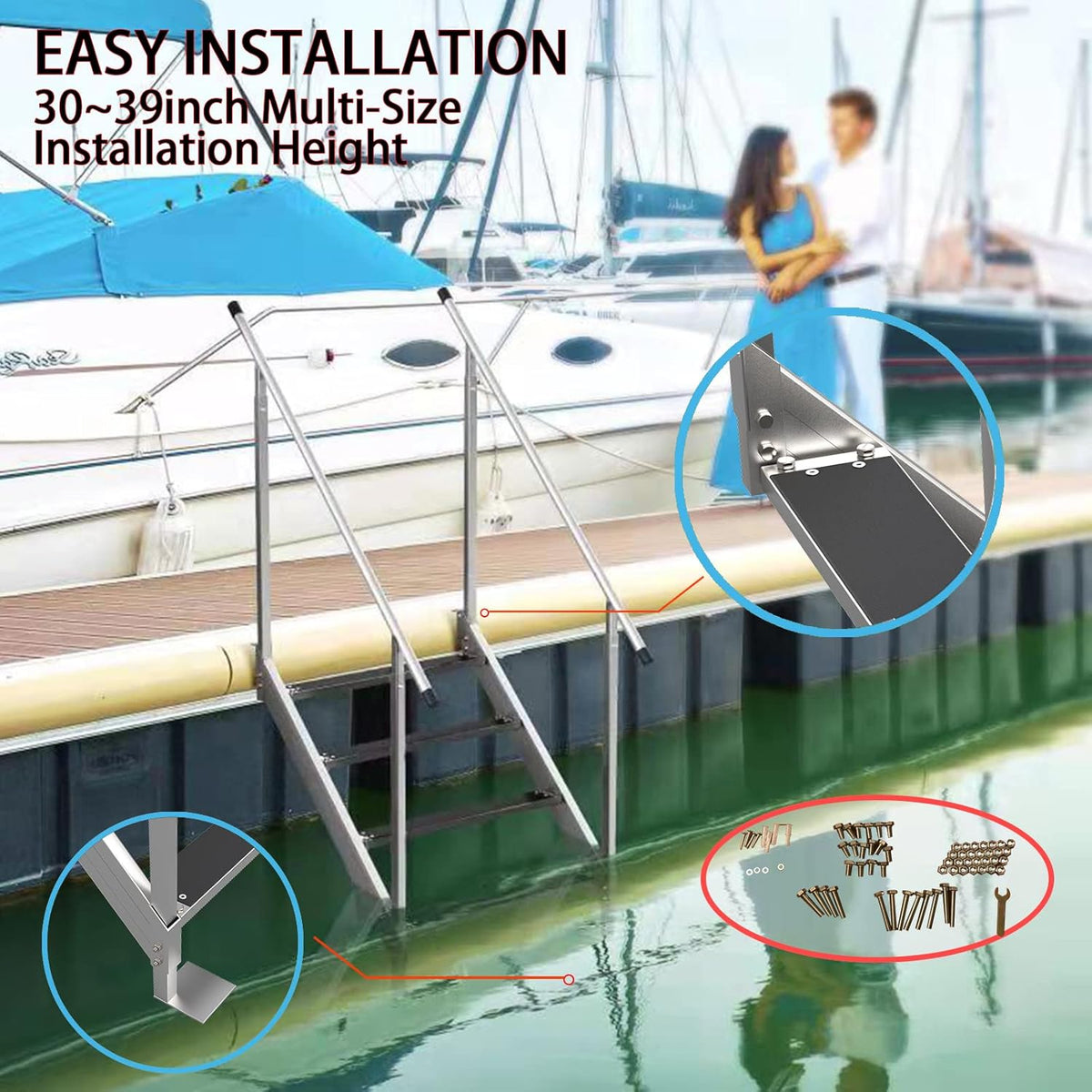 Aluminum 4 Steps Pontoon Boat Ladder with Hand Railings Anti-Slip Rubber Mat Z6025