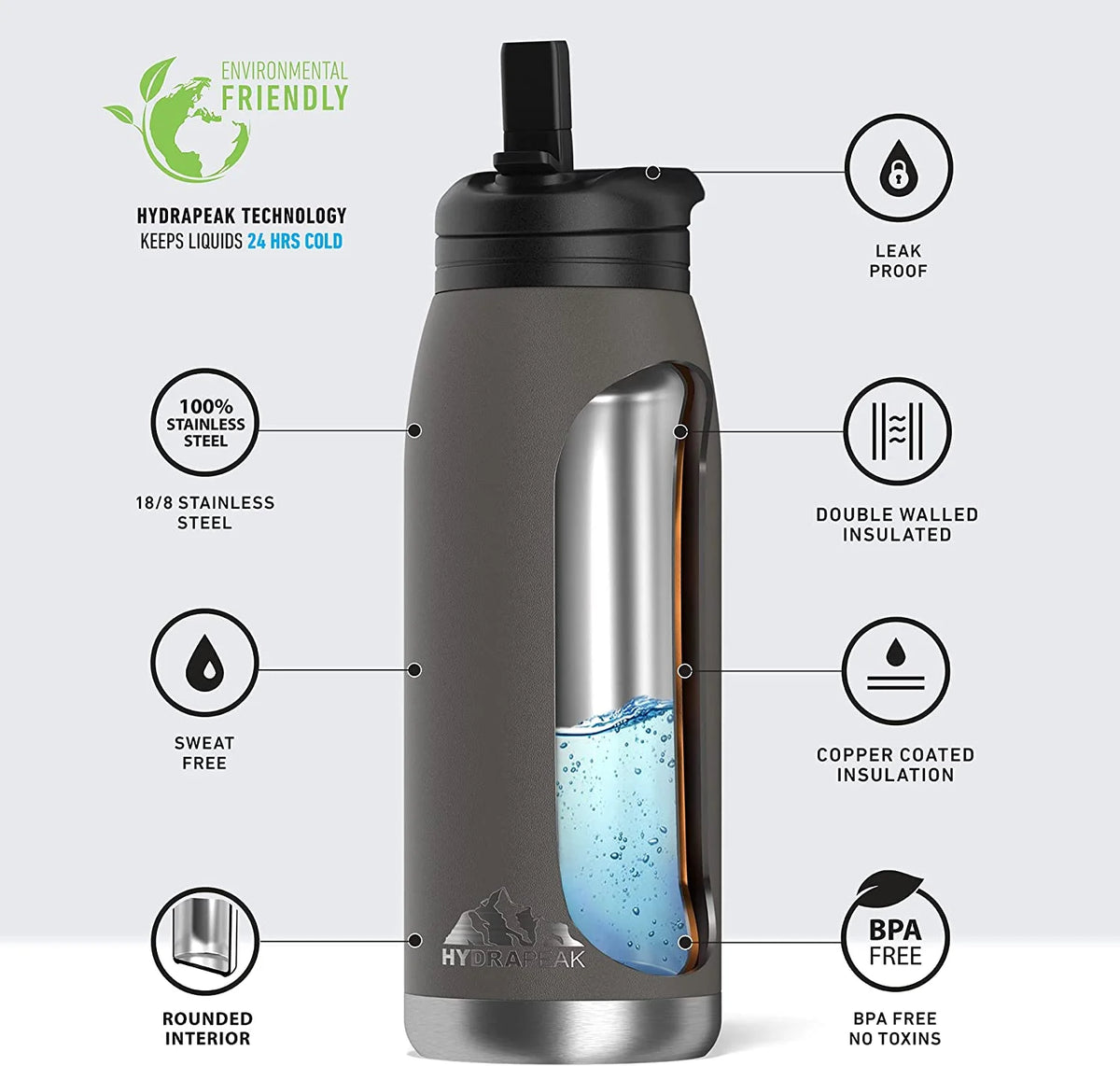 1L Insulated Stainless-Steel Water Bottle with Straw V934242