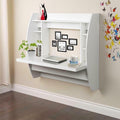 White Wall Mounted Floating Computer Desk with Storage Shelves U2196