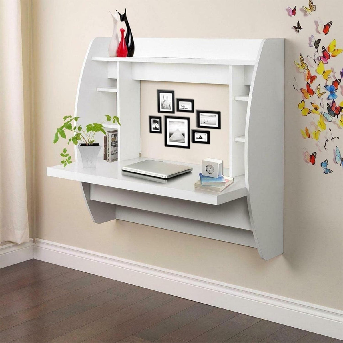 White Wall Mounted Floating Computer Desk with Storage Shelves U2196