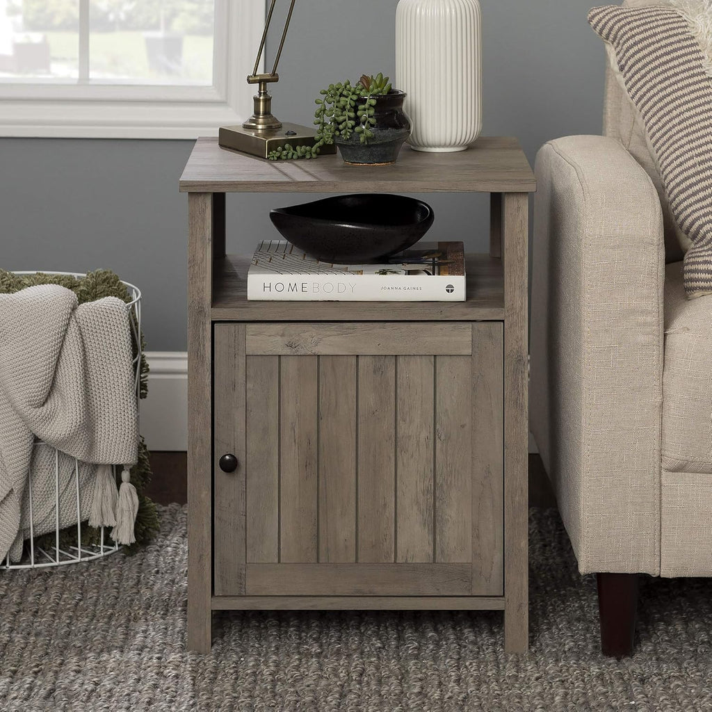 Rustic Oak Wood Side Accent Table with Cabinet Door J53975