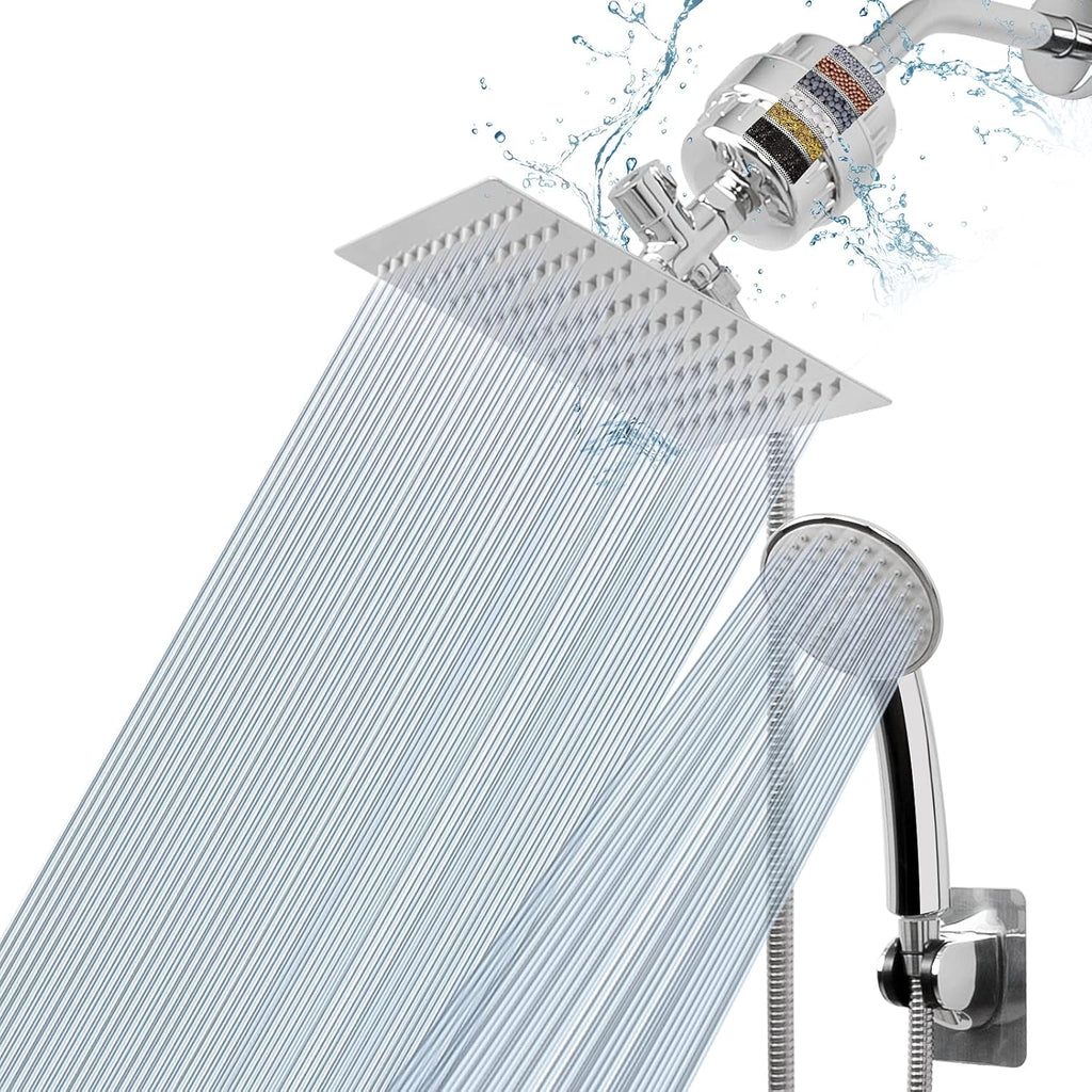 Chrome Finish 8″ Square Rain Shower Head and Handheld Shower Filter Combo with Self-adhesive Holder, 1.5M Hose, 1 Replaceable Filter Cartridge, Pack of 2 H442022