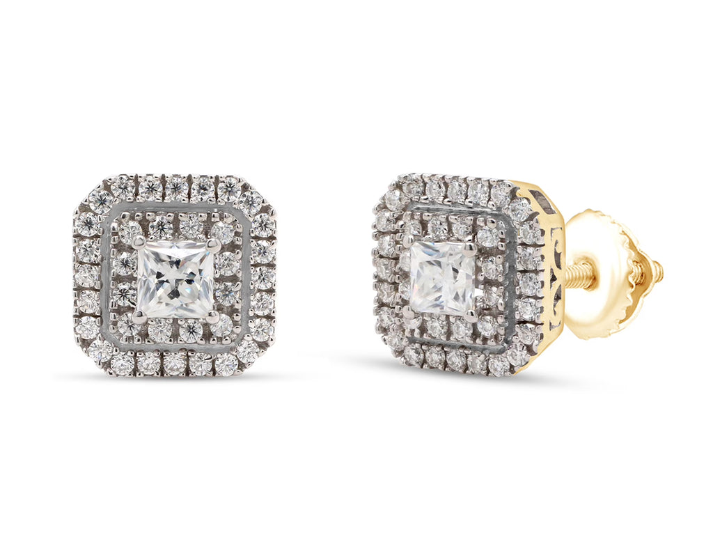 1 Carat Princess Cut Lab Created Moissanite Double Halo Stud Earrings In 14K Solid Yellow Gold W9276
