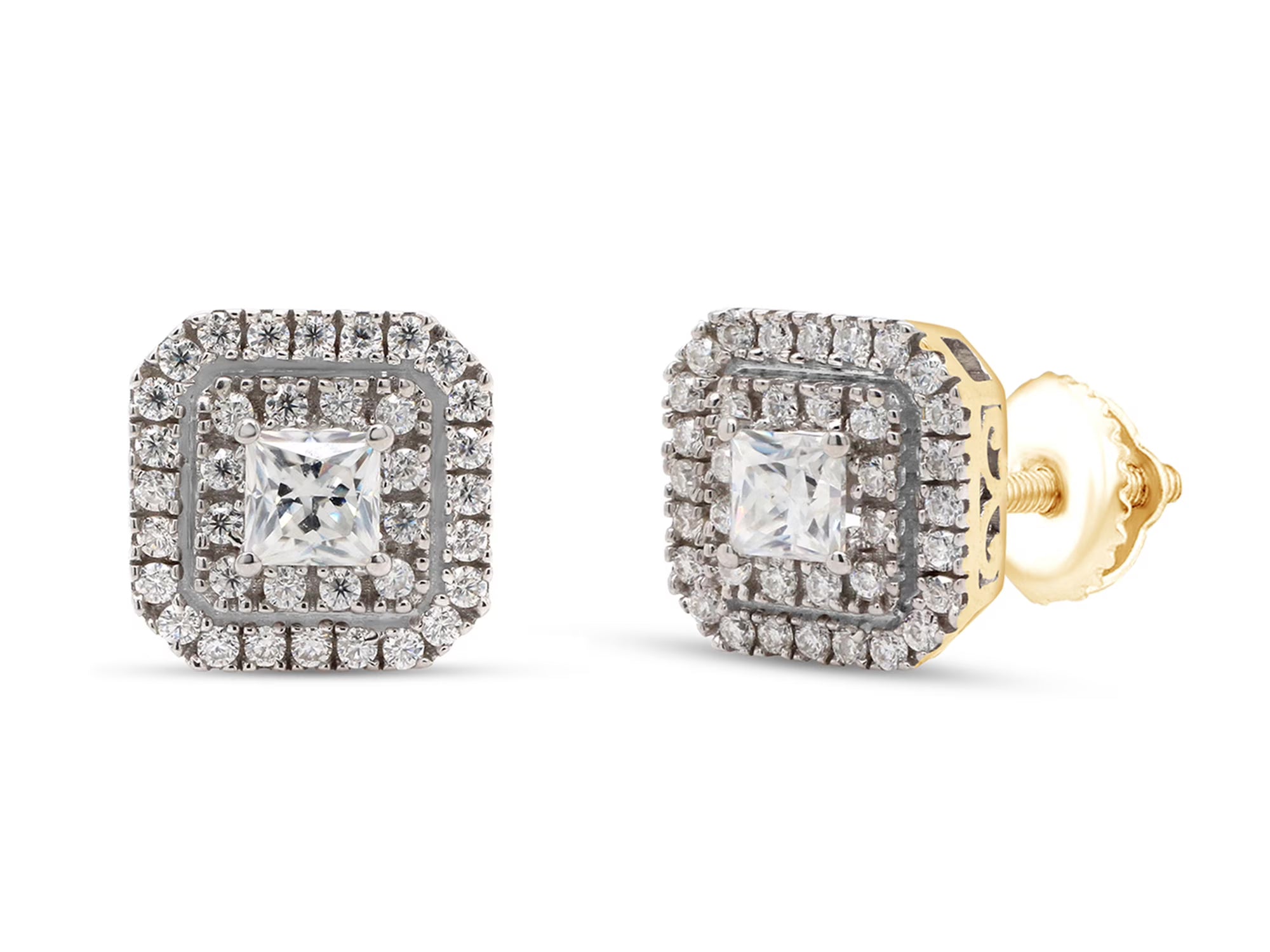 1 Carat Princess Cut Lab Created Moissanite Double Halo Stud Earrings In 14K Solid Yellow Gold W9276