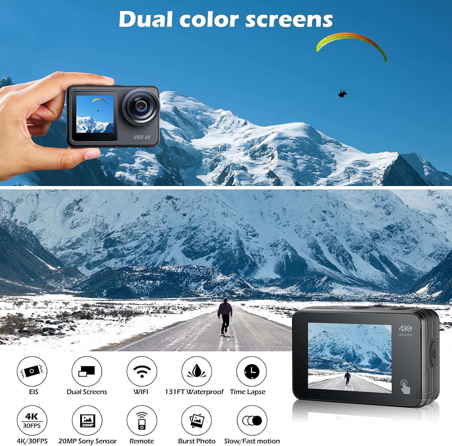 4K 20MP Dual Screen Waterproof Action Camera with EIS Remote Control Y350297