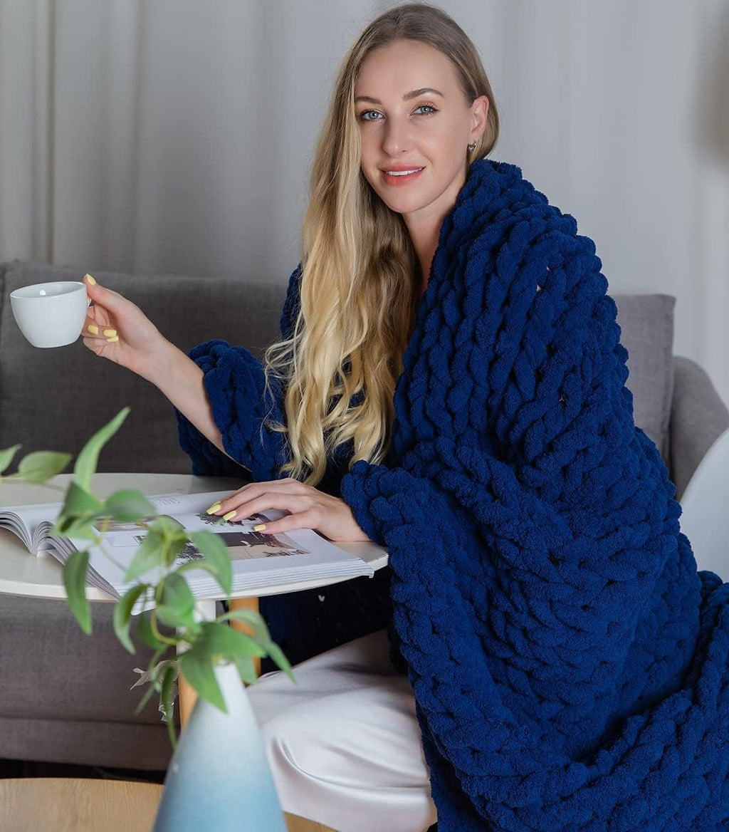 Chunky Knit Chenille Throw Blanket Navy 40×59 Q43012