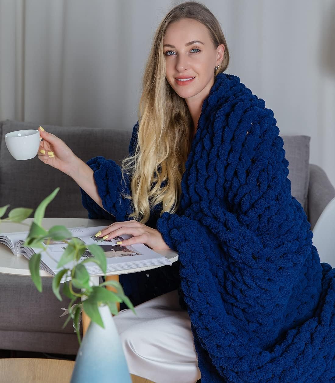 Chunky Knit Chenille Throw Blanket Navy 40×59 Q43012