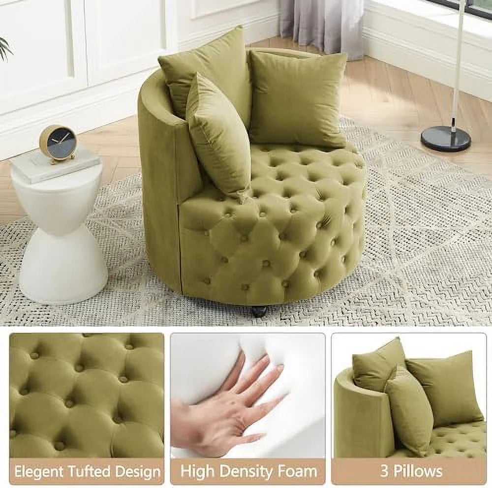 Pink Velvet Swivel Barrel Chair with 3 Pillows and Wheels M3112
