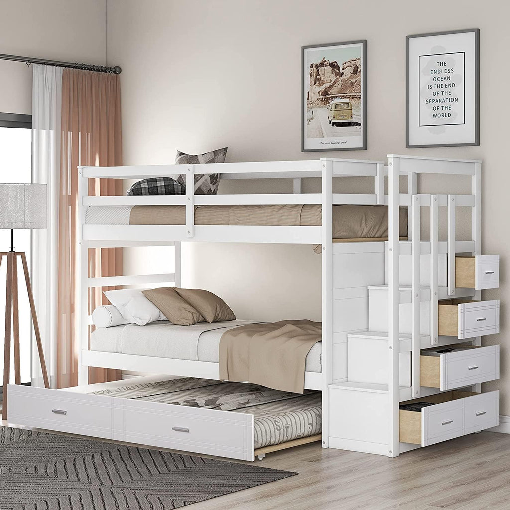 White Solid Wood Twin Over Twin Bunk Bed with Storage Staircase, Slide, Two Drawers P727