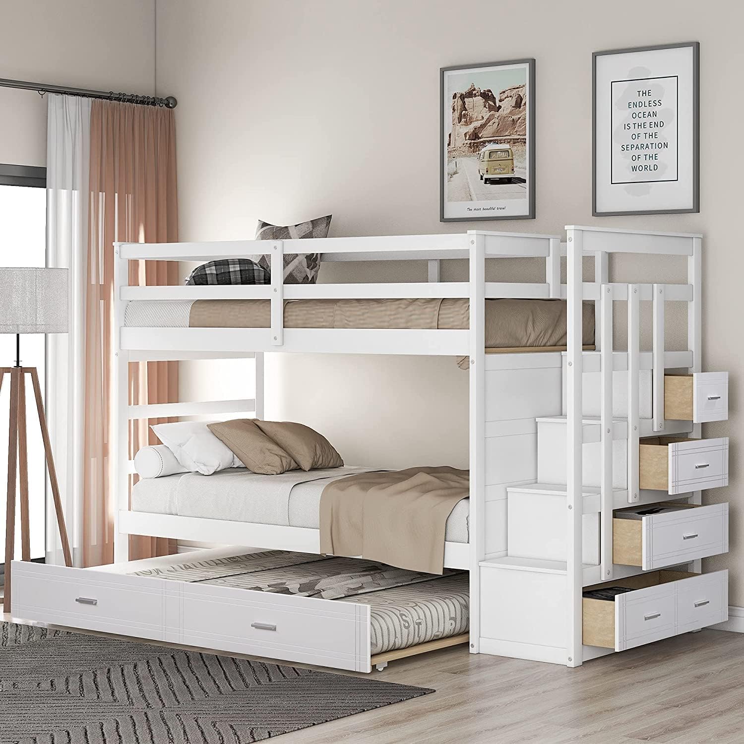 White Solid Wood Twin Over Twin Bunk Bed with Storage Staircase, Slide, Two Drawers P727