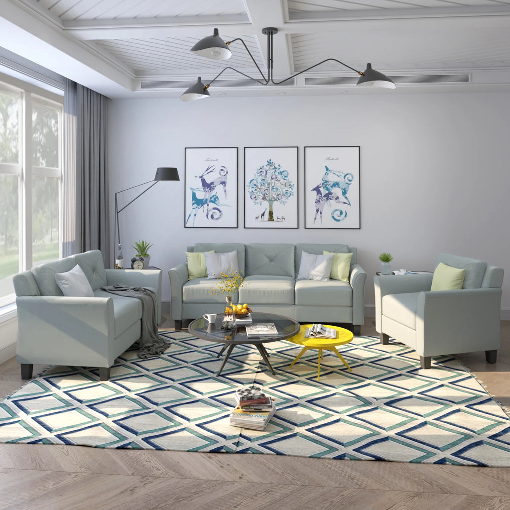 Button Tufted 3 Piece Chair Loveseat Sofa Set Q8002