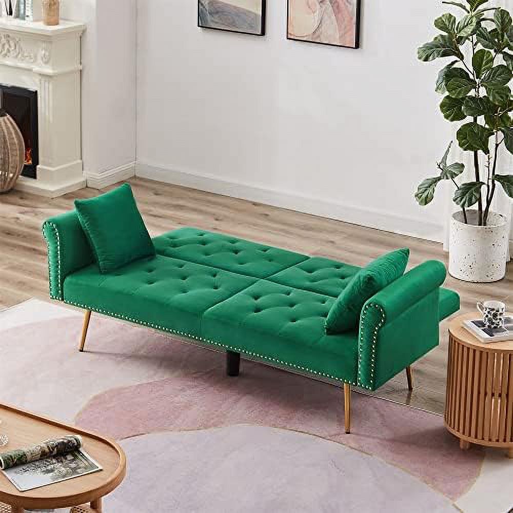 Modern Velvet 2 in 1 Futon Sofa Bed with 2 Pillows 73" Golden Chrome Legs W9239