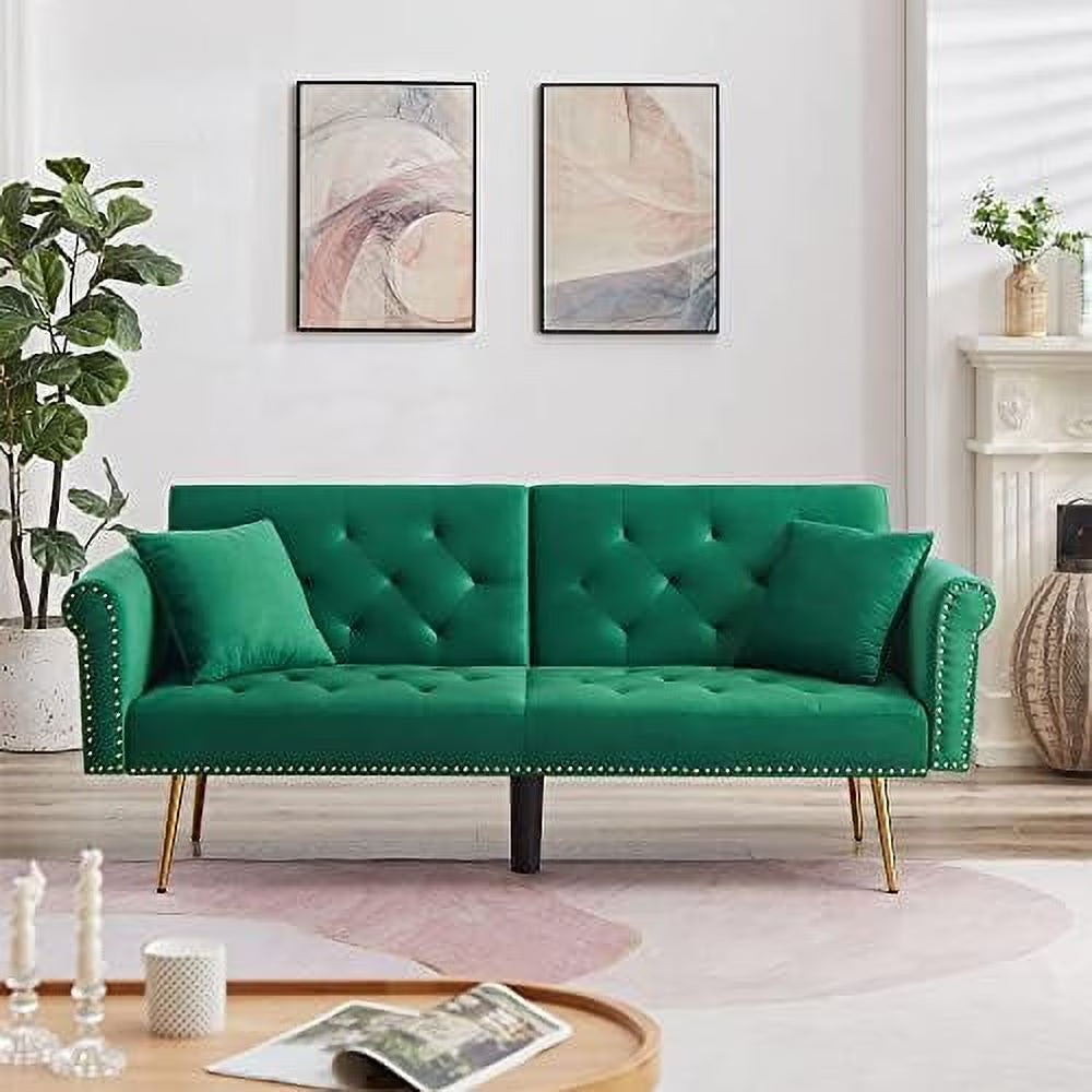 Modern Velvet 2 in 1 Futon Sofa Bed with 2 Pillows 73" Golden Chrome Legs W9239