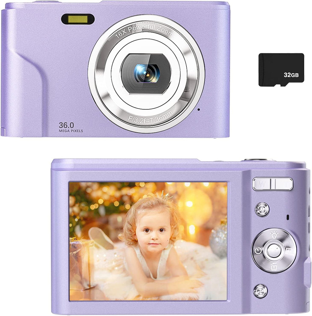 36MP Full HD 1080P Rechargeable Children's Camera with 32GB SD Card (Purple) N5256