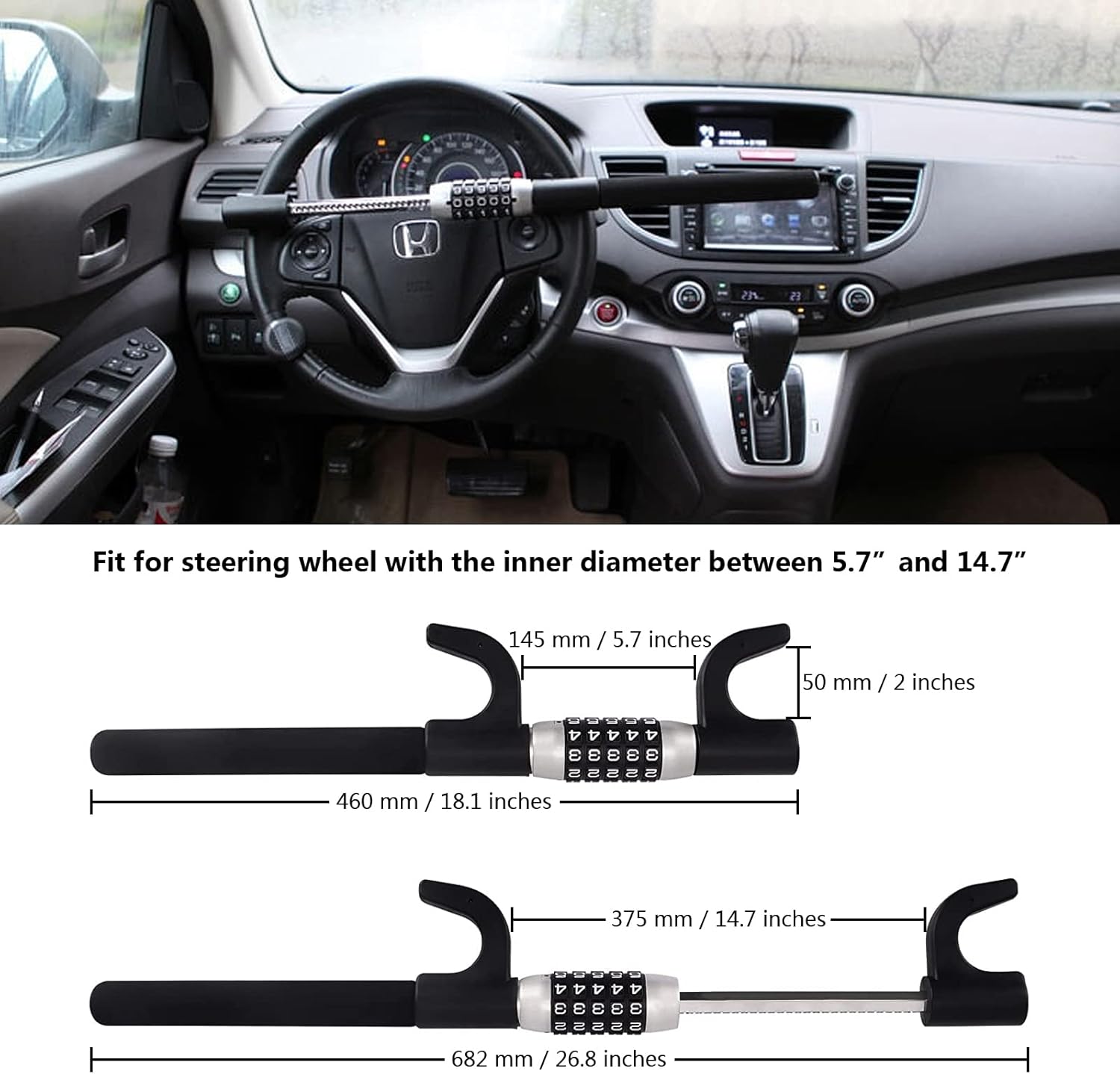 Steering Wheel Lock, 5 Digit Coded Combination Anti Theft Device, Heavy Duty Universal Extendable Retractable Keyless Password Twin Hooks Car Security Lock W422