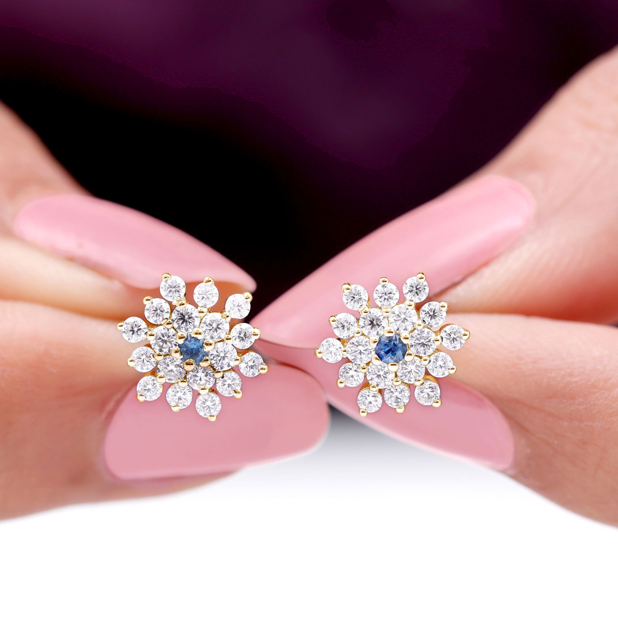 Blue Sapphire Floral Earrings with Diamond, 10K Yellow Gold P6564